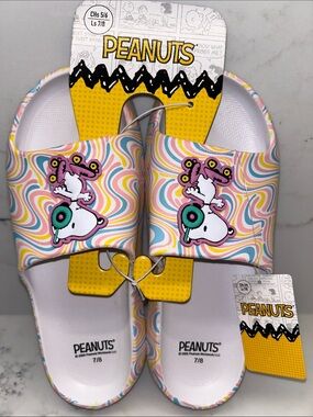 Peanuts Snoopy Slippers Ladies Rainbow Swirl Size 7/8 Open Toe Slides